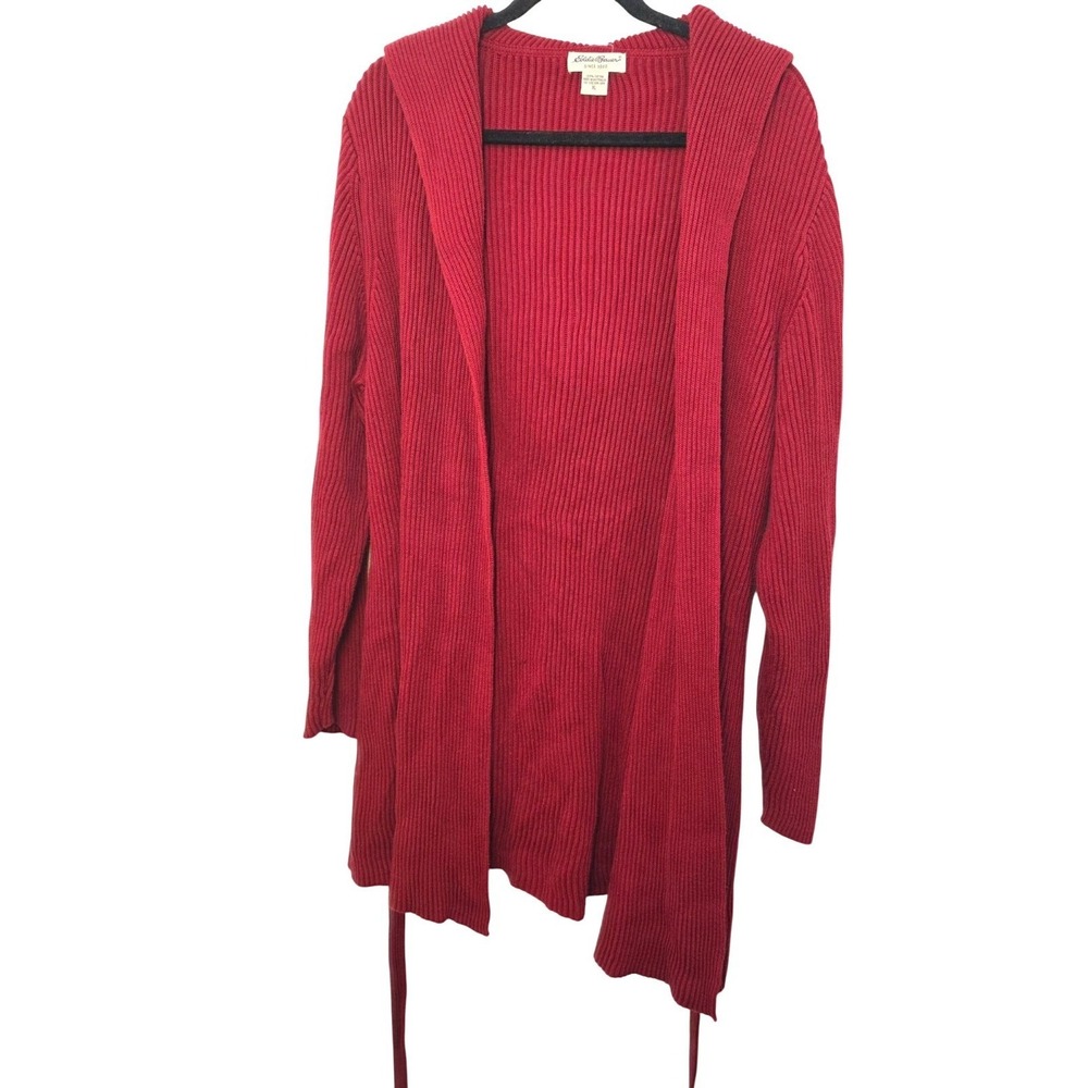 Eddie Bauer Women's XL Red Hooded Ribbed‎ Cardigan Tie Belt 100% Cotton